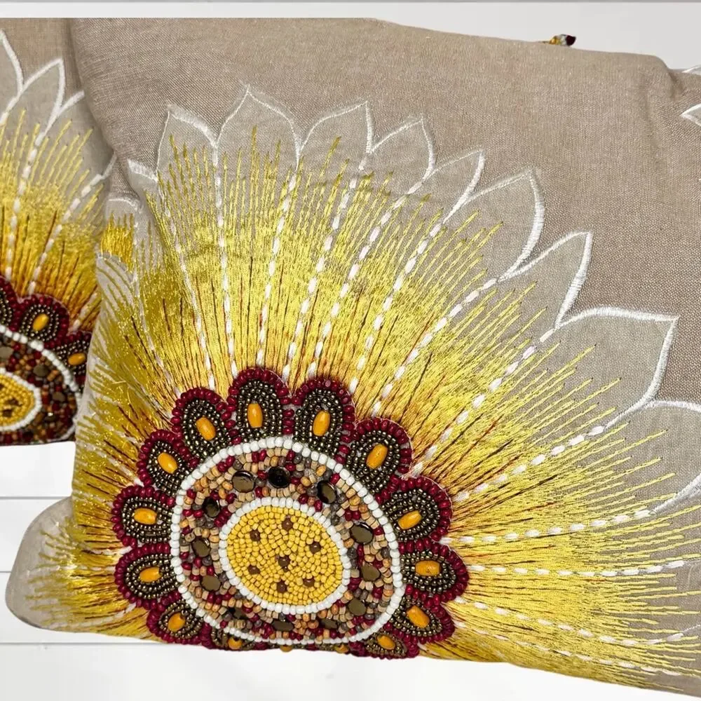 Pier 1 Imports Pillows Lumbar Throw Embroidered Beaded Sunflowers Two 19” x 14”